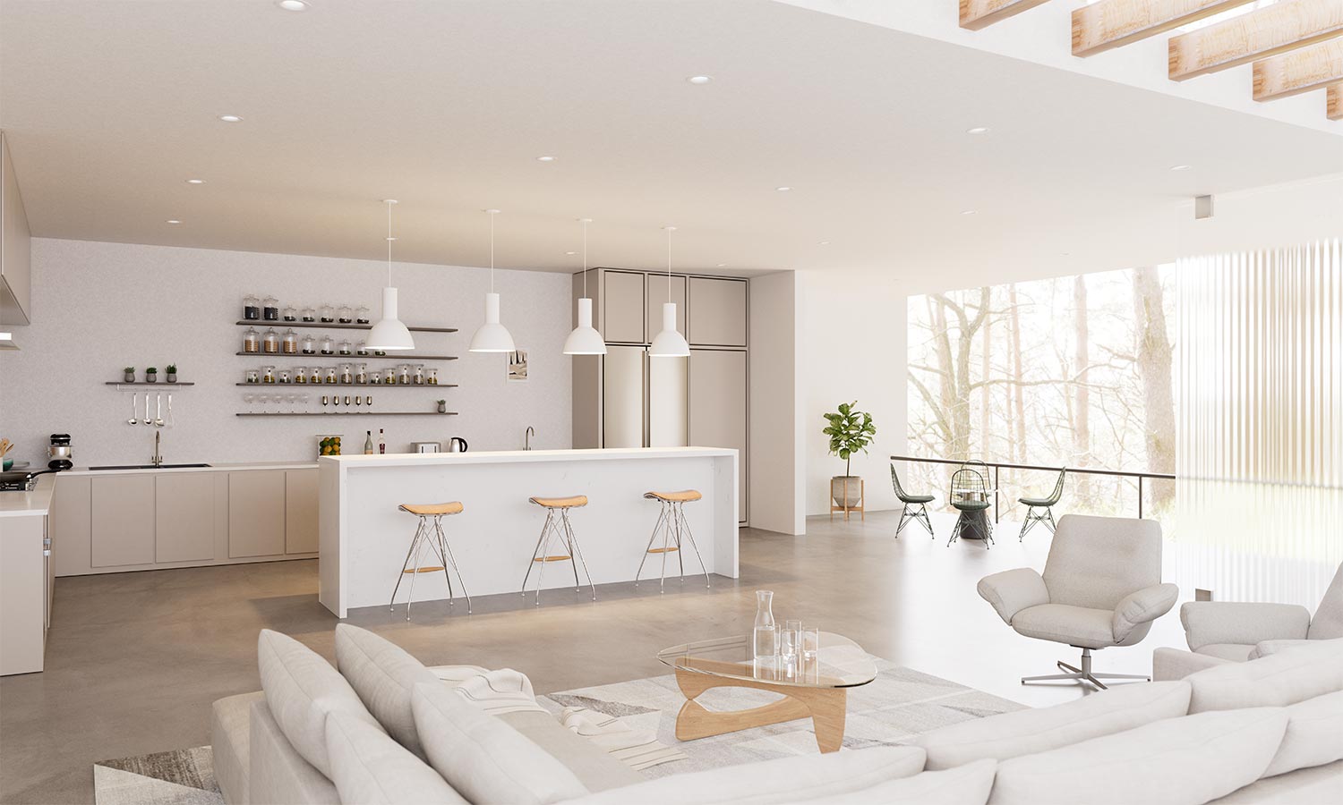 A bright, open-concept kitchen and living space with neutral tones, minimalist decor, and natural light.